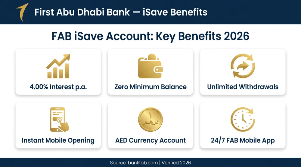 FAB iSave Account key benefits 2026 infographic &mdash; interest rate, zero balance, unlimited withdrawals