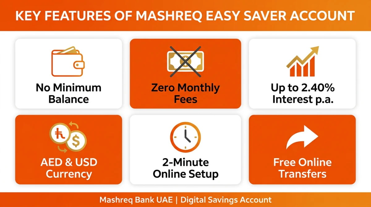 Mashreq Easy Saver Account key features infographic - no minimum balance, zero fees, 2.40% interest, AED and USD currency options