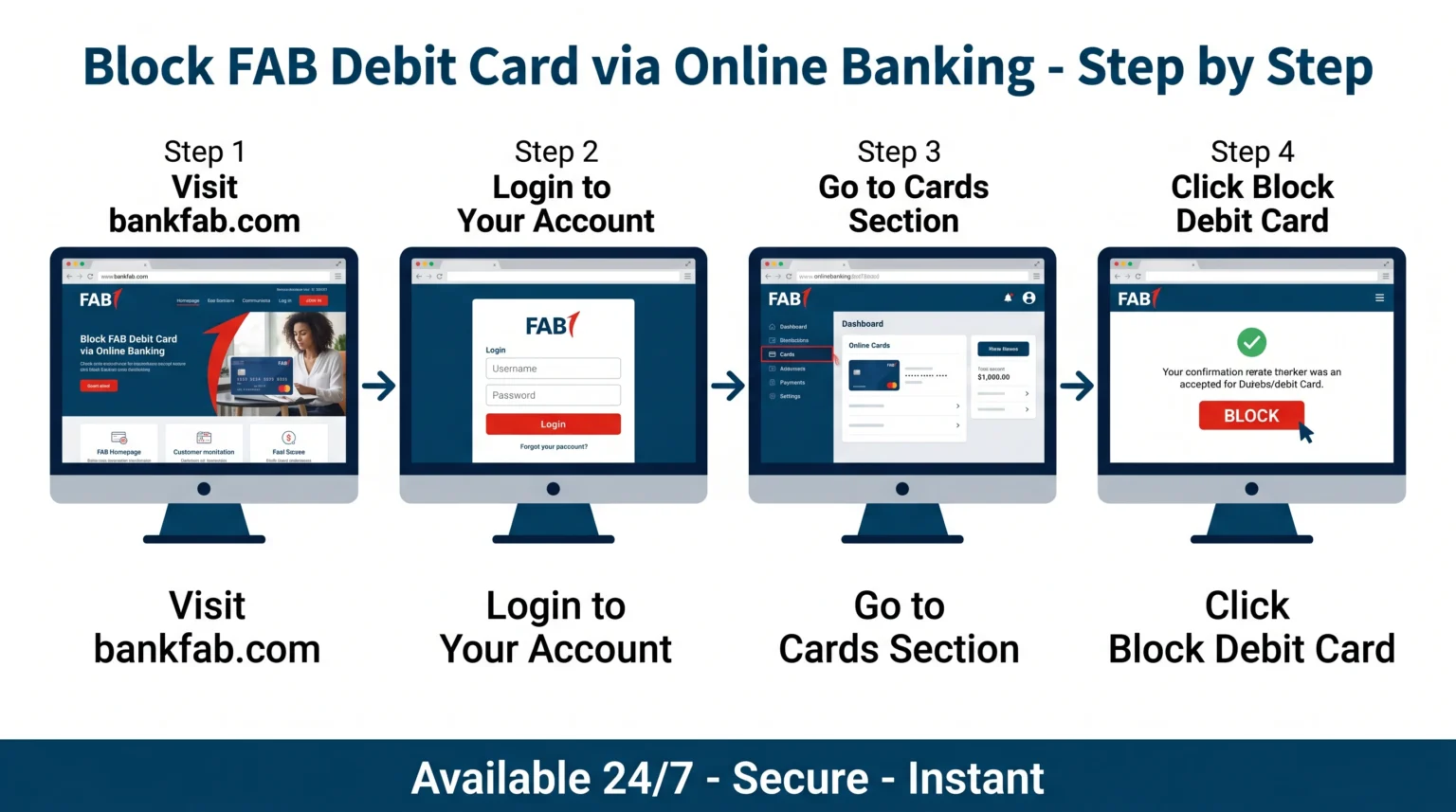 Block FAB debit card via FAB online banking step-by-step infographic