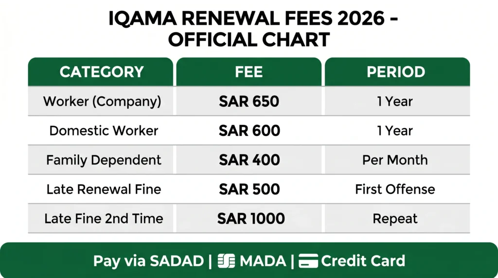 Iqama renewal fees chart Saudi Arabia 2026 &mdash; workers domestic family