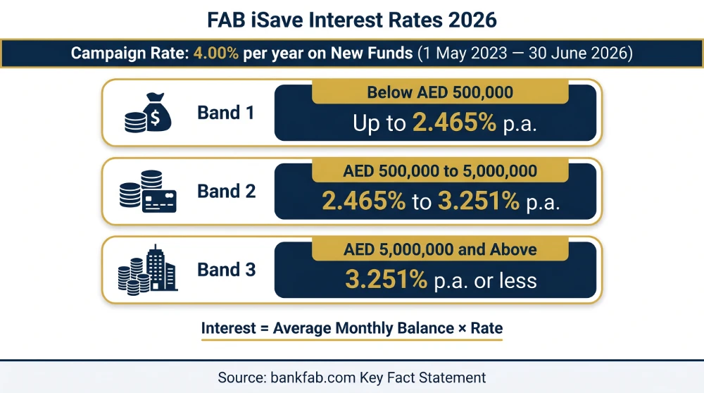 FAB iSave Account interest rate bands 2026 &mdash; campaign rate 4.00% and tiered prevailing rates