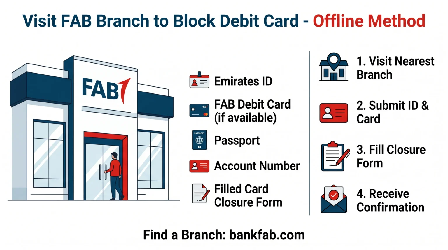 Visit FAB bank branch to block debit card offline method infographic
