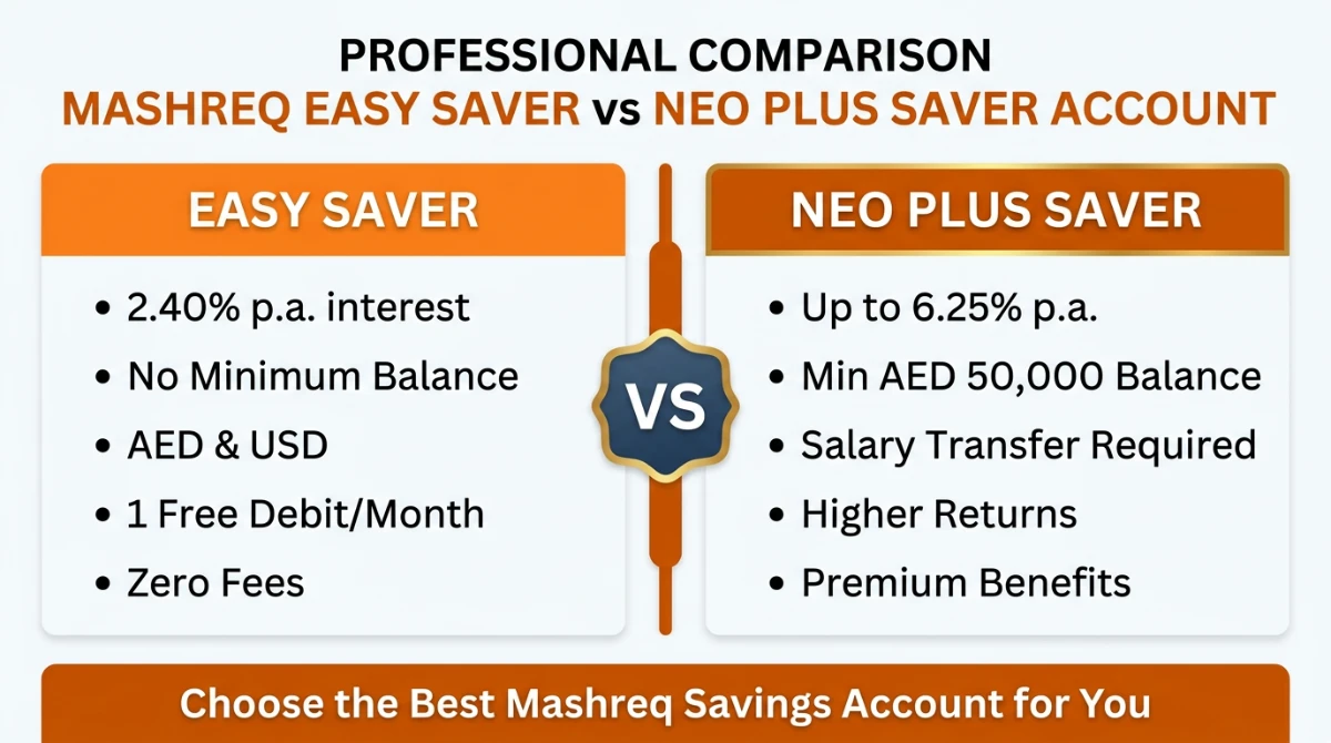 Comparison infographic Mashreq Easy Saver vs NEO Plus Saver showing 2.40% vs 6.25% interest rate, balance requirements and salary transfer rules