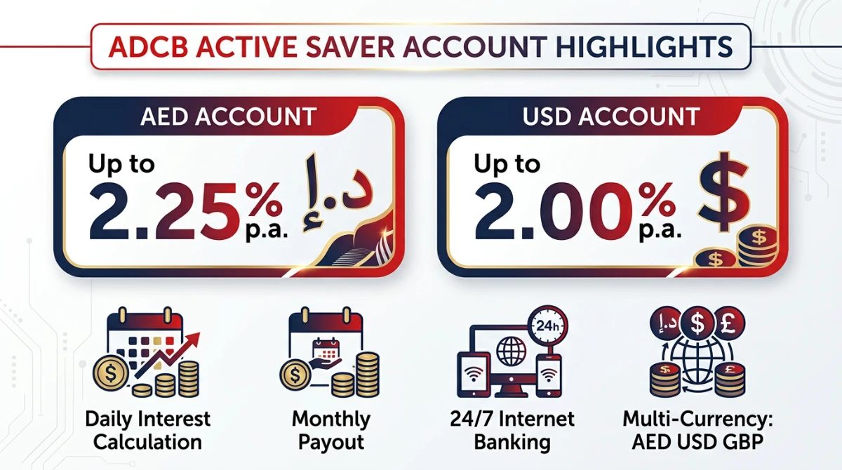ADCB Active Saver Account Highlights AED USD interest rates and features infographic
