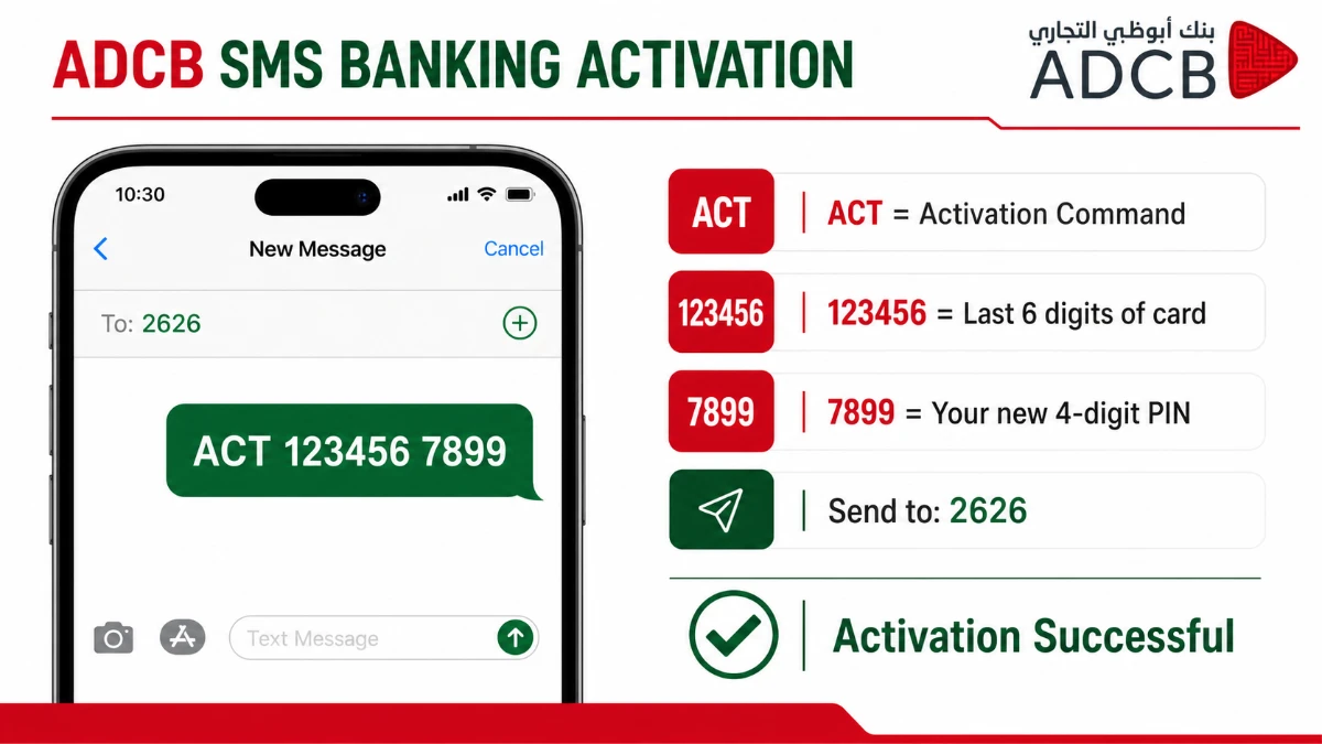 ADCB SMS banking activation format using short code 2626