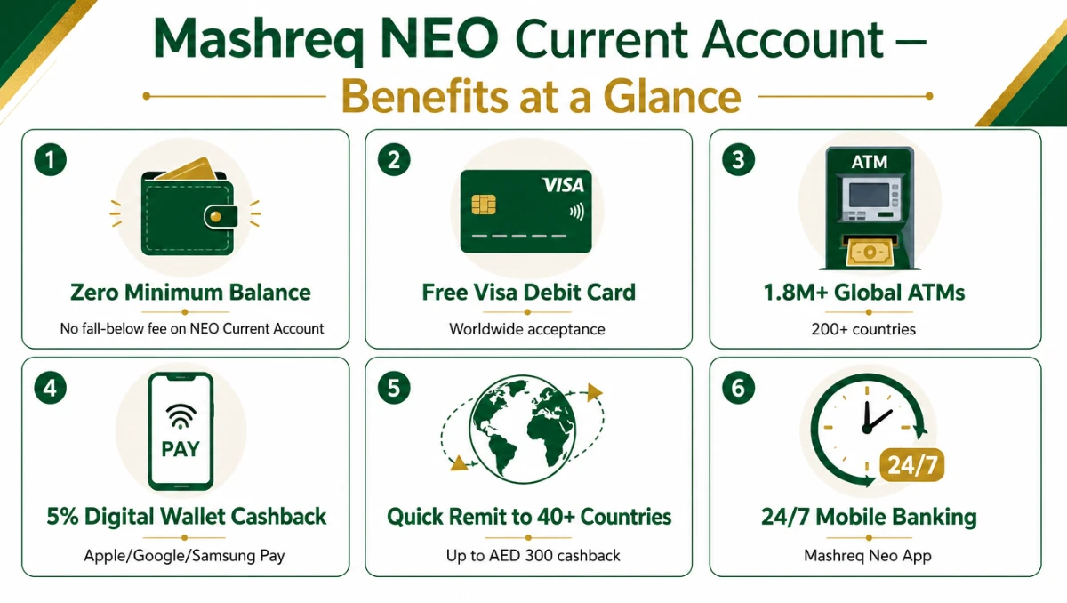 Mashreq NEO Current Account benefits at a glance &mdash; zero balance, free debit card, global ATM access