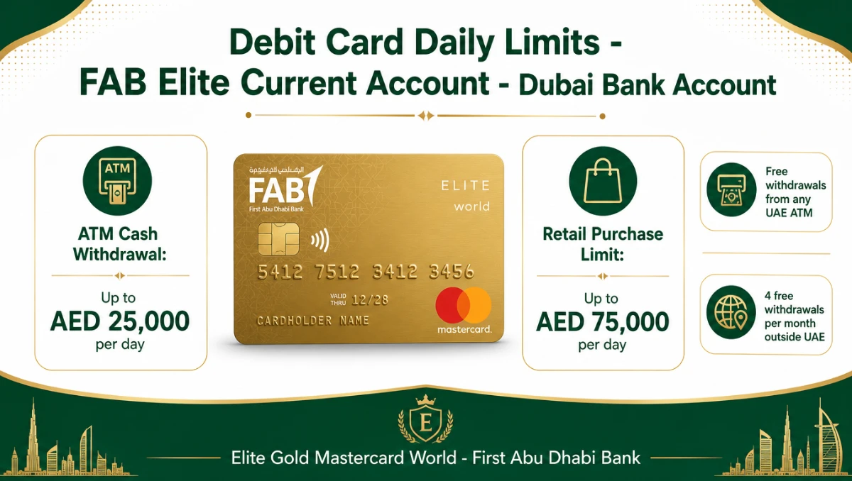 Elite Gold Mastercard World debit card daily ATM and retail purchase limits for FAB Elite Current Account in UAE