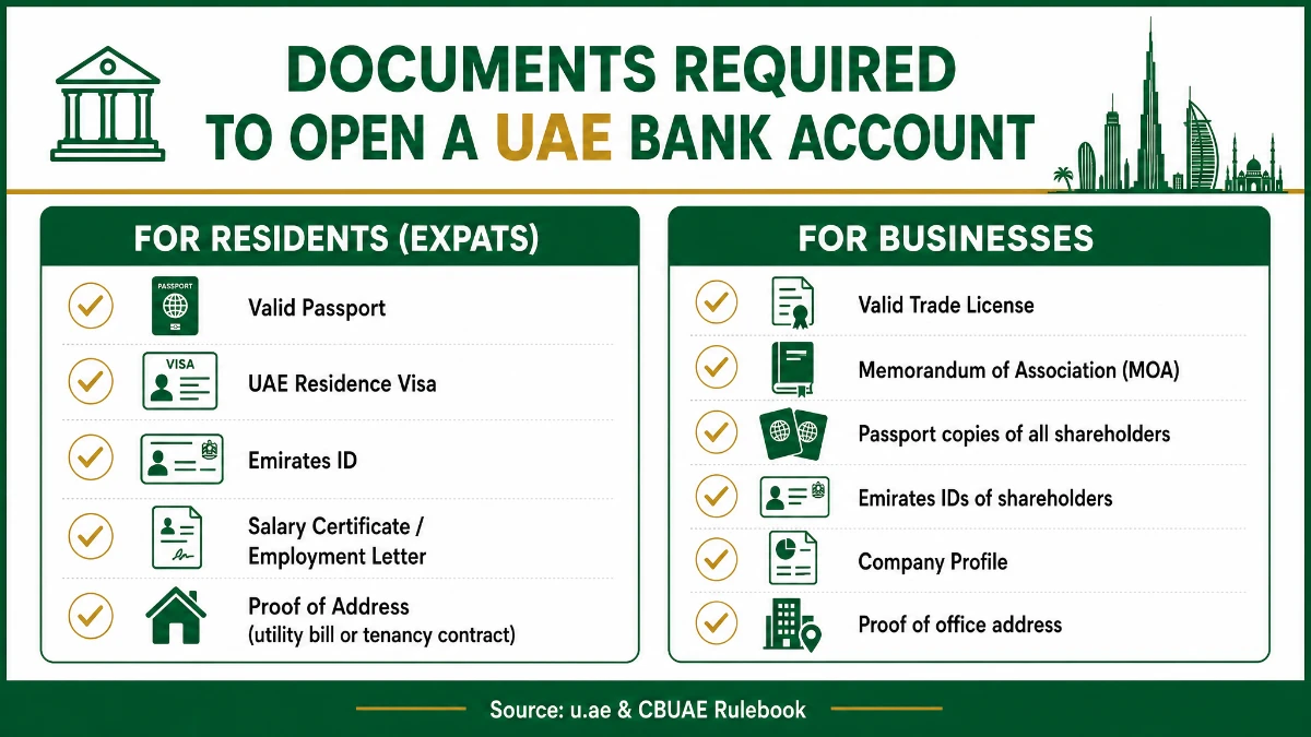 Documents required to open a UAE bank account for residents, expats and businesses