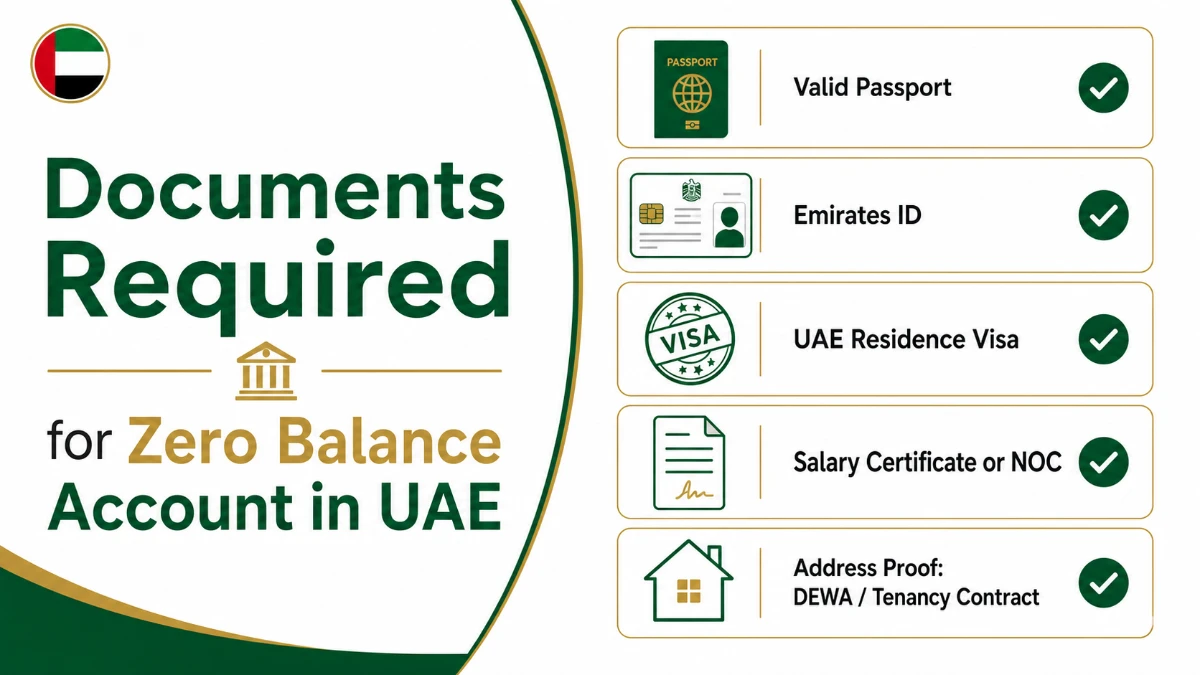 Documents required for zero balance account in UAE &mdash; passport, Emirates ID, residence visa, salary certificate and DEWA bill