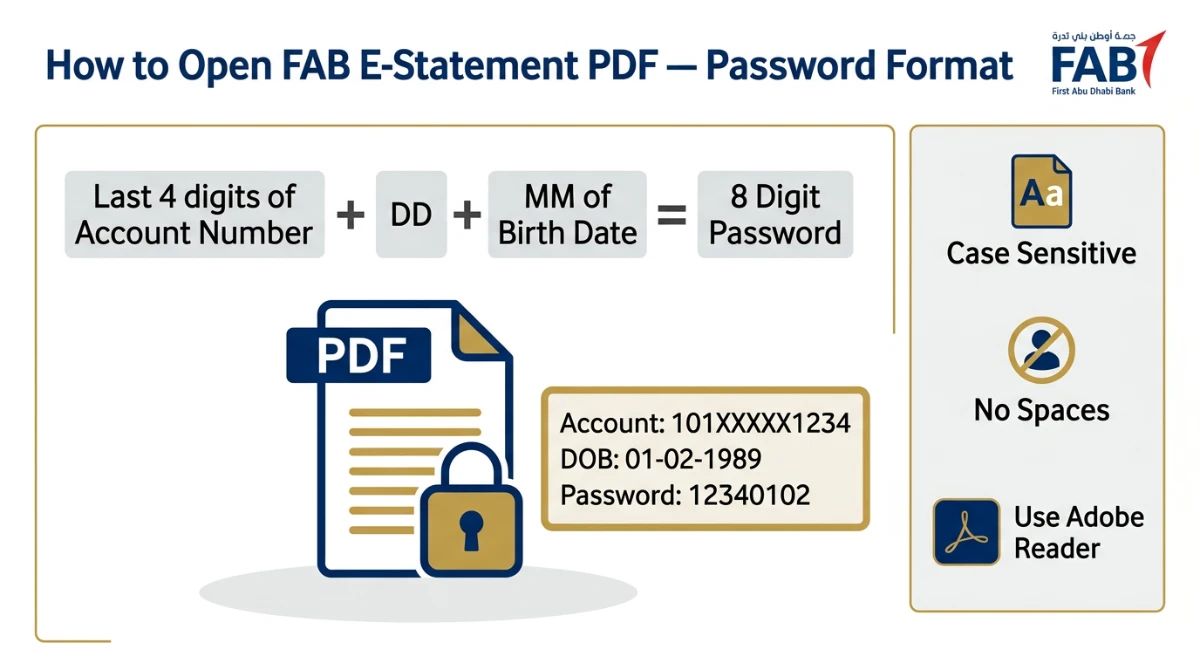 FAB e-statement PDF password format example UAE