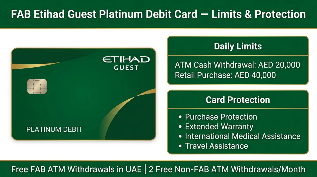 FAB Etihad Guest Platinum Debit Card daily limits ATM AED 20,000 retail AED 40,000 and protection benefits &mdash; UAE Bank Account