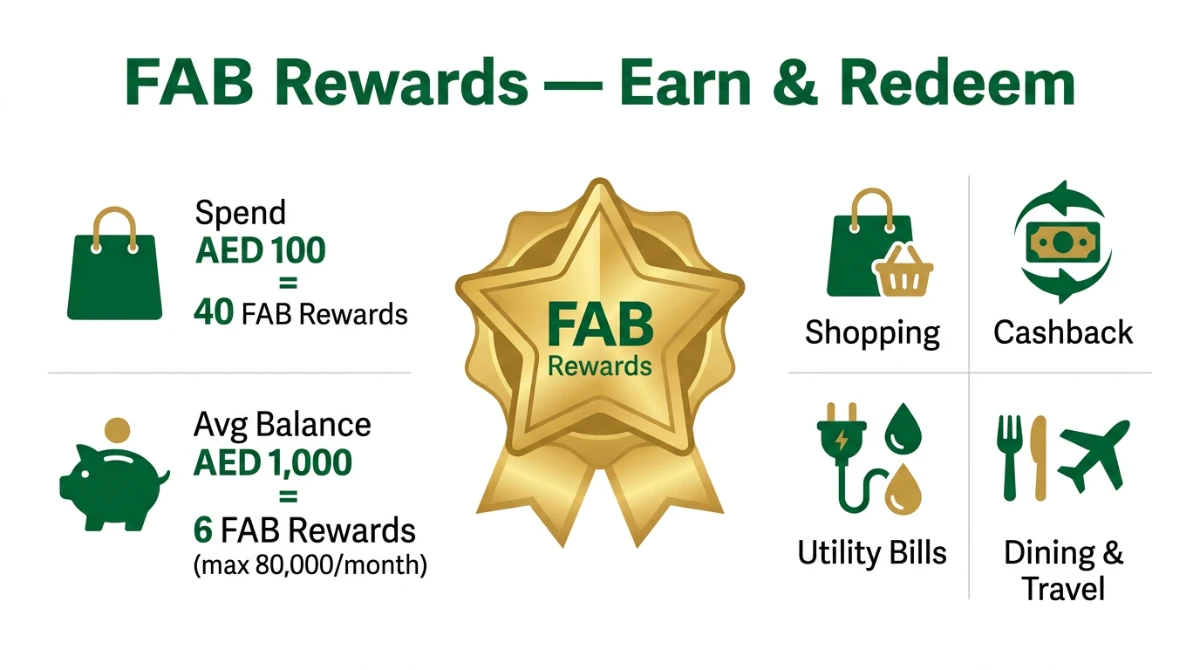 FAB Rewards earn and redeem infographic &mdash; 40 points per AED 100 spent and 6 points per AED 1,000 average balance up to 80,000 monthly