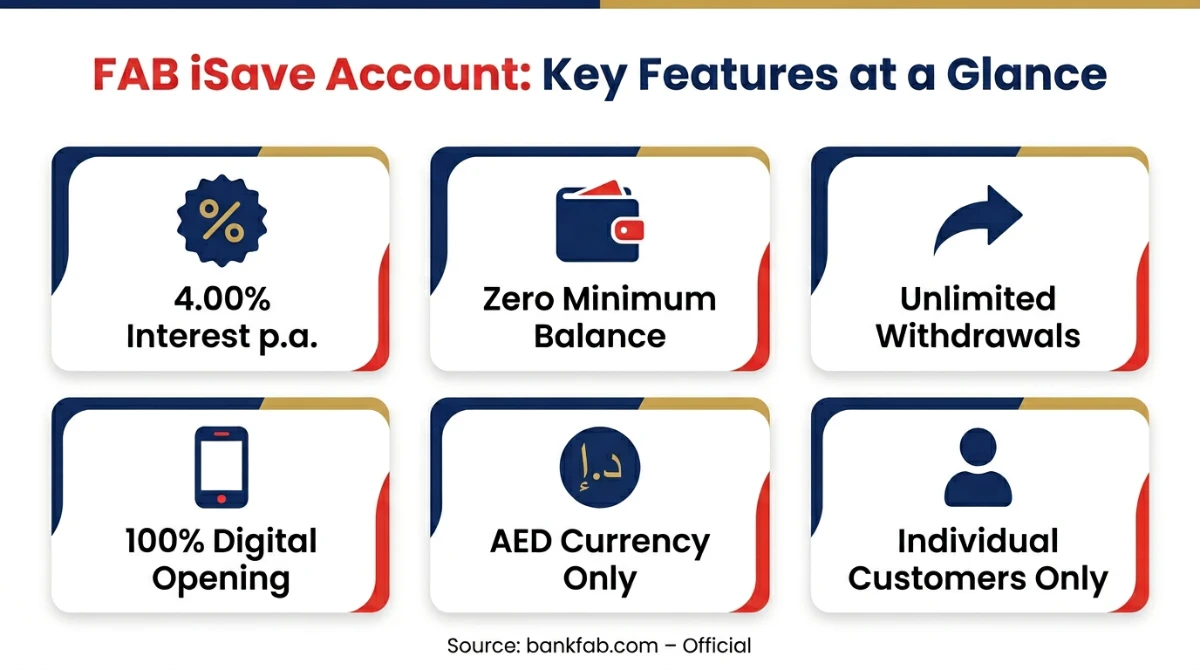 FAB iSave Account key features infographic &mdash; 4.00% interest, zero balance, unlimited withdrawals, AED only, individuals only, 100% digital