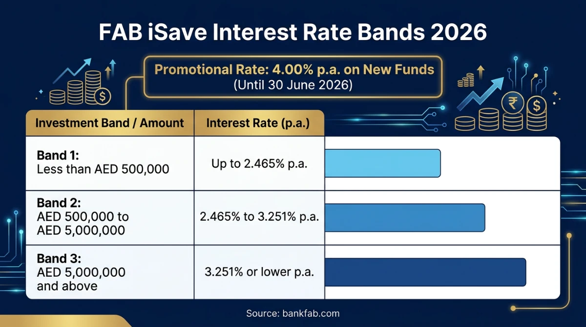 FAB iSave Account interest rate bands 2026 &mdash; up to 2.465% under 500K, 2.465-3.251% on 500K-5M, 3.251% or lower above 5M, plus 4.00% campaign rate