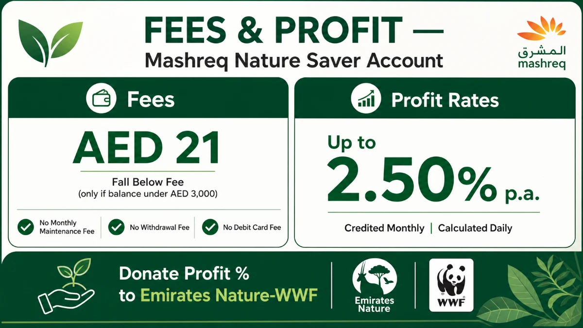 Mashreq Nature Saver Account UAE fees and profit &mdash; AED 21 fall below fee and up to 2.50 percent profit per annum.