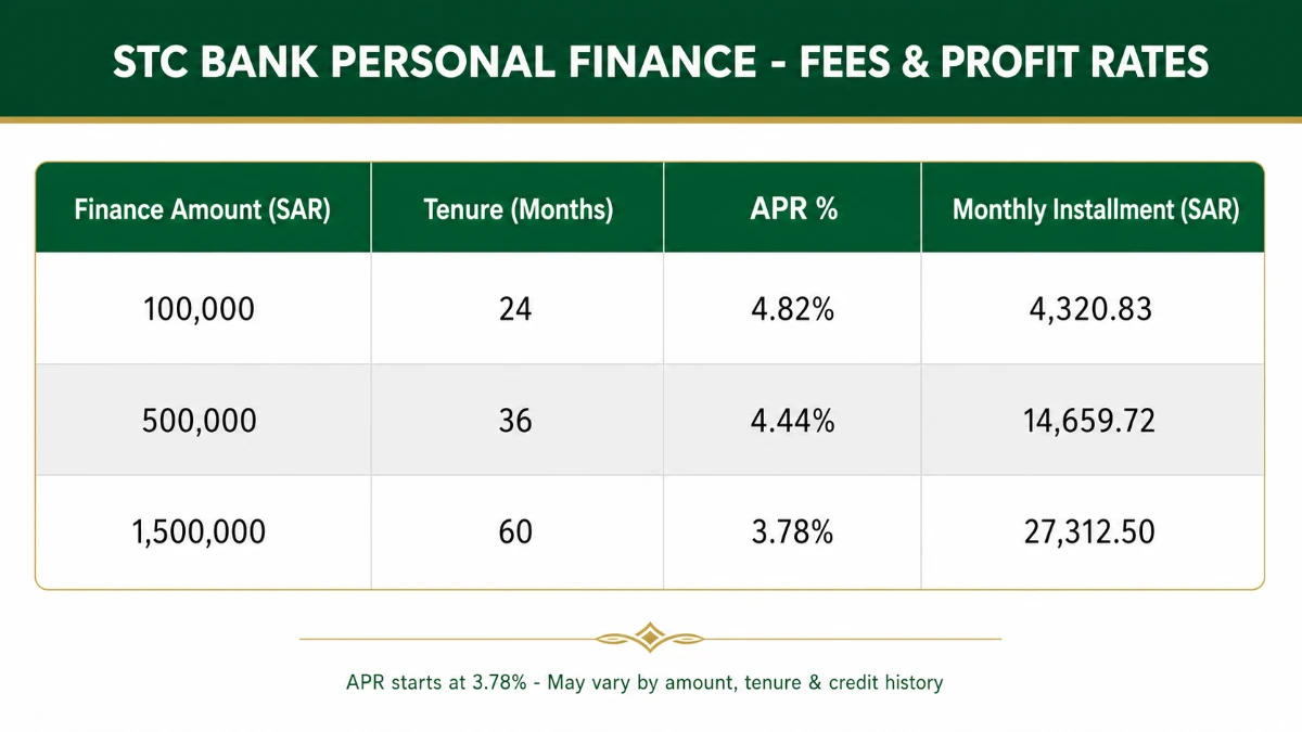 STC Bank Personal Finance APR and monthly installment table &mdash; SAR 100,000 to 1,500,000 across 24 to 60 months