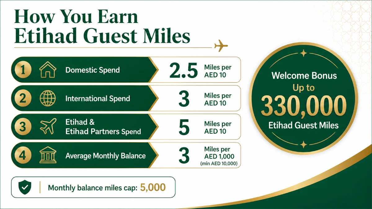 Infographic showing Etihad Guest Miles earn rates on FAB Etihad Guest Elite debit card spending and average monthly balance