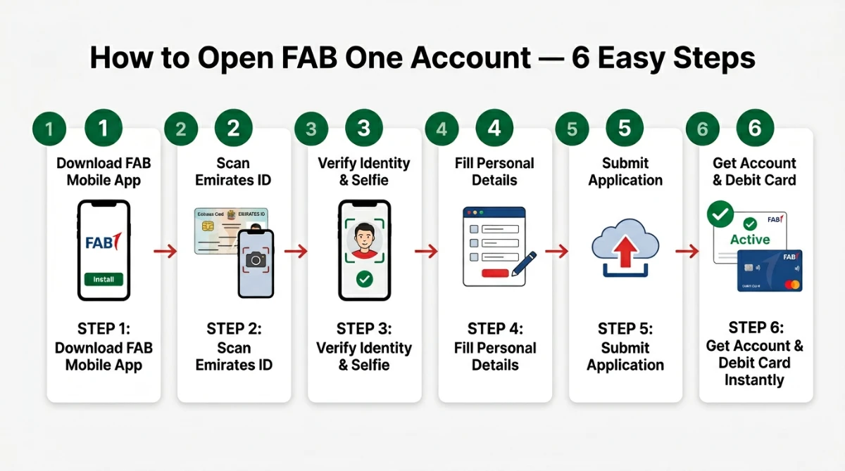 How to open FAB One Account step-by-step infographic &mdash; 6 easy steps via FAB Mobile app using Emirates ID