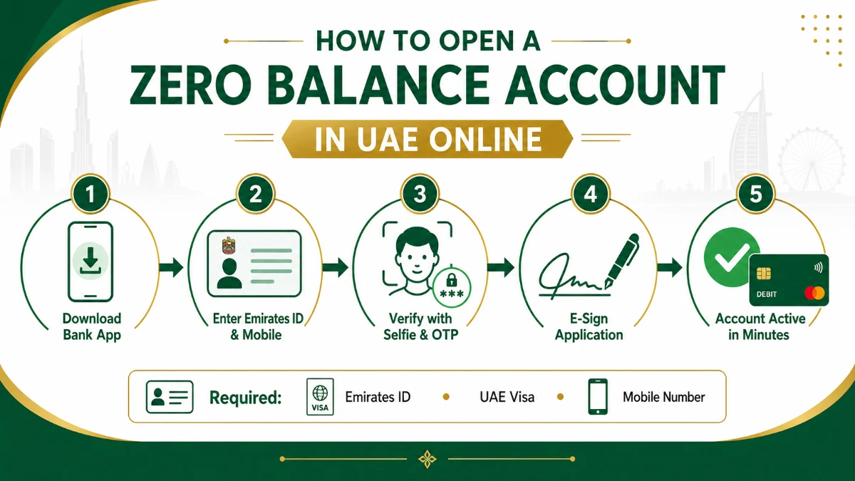 How to open a zero balance account in UAE step-by-step &mdash; download app, enter Emirates ID, selfie verification, e-sign and account active in minutes