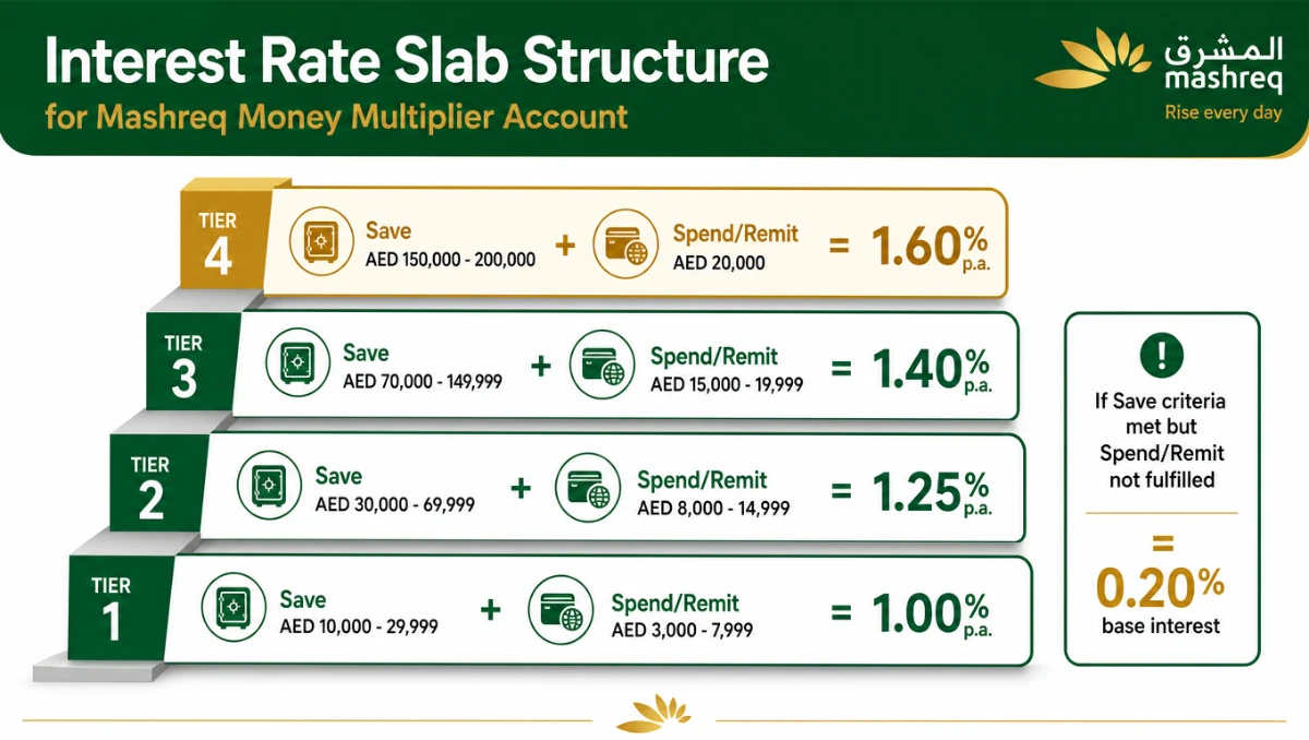 Mashreq Money Multiplier interest rate slab structure infographic &mdash; UAE savings account
