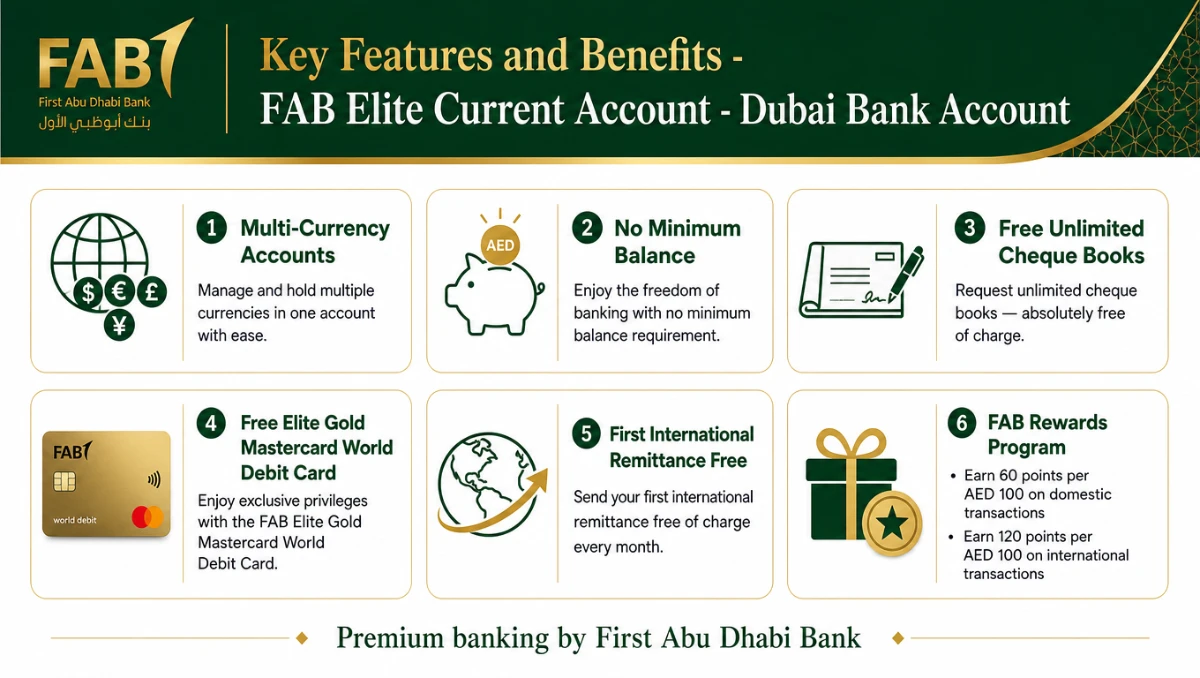 FAB Elite Current Account key features and benefits infographic for Dubai bank account holders