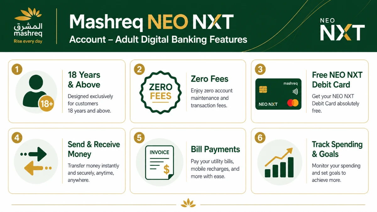 Mashreq NEO NXT Account adult digital banking features infographic UAE