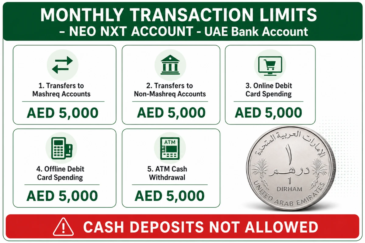 Monthly transaction limits Mashreq NEO NXT Account UAE &mdash; AED 5000 each on transfers, card spending and ATM withdrawal