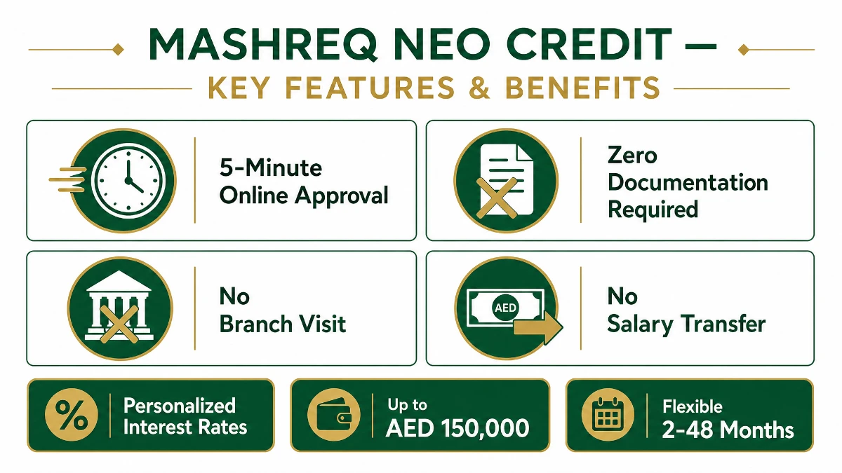 Mashreq NEO Credit key features and benefits infographic &mdash; 5 minute approval, zero documents, no branch visit, no salary transfer