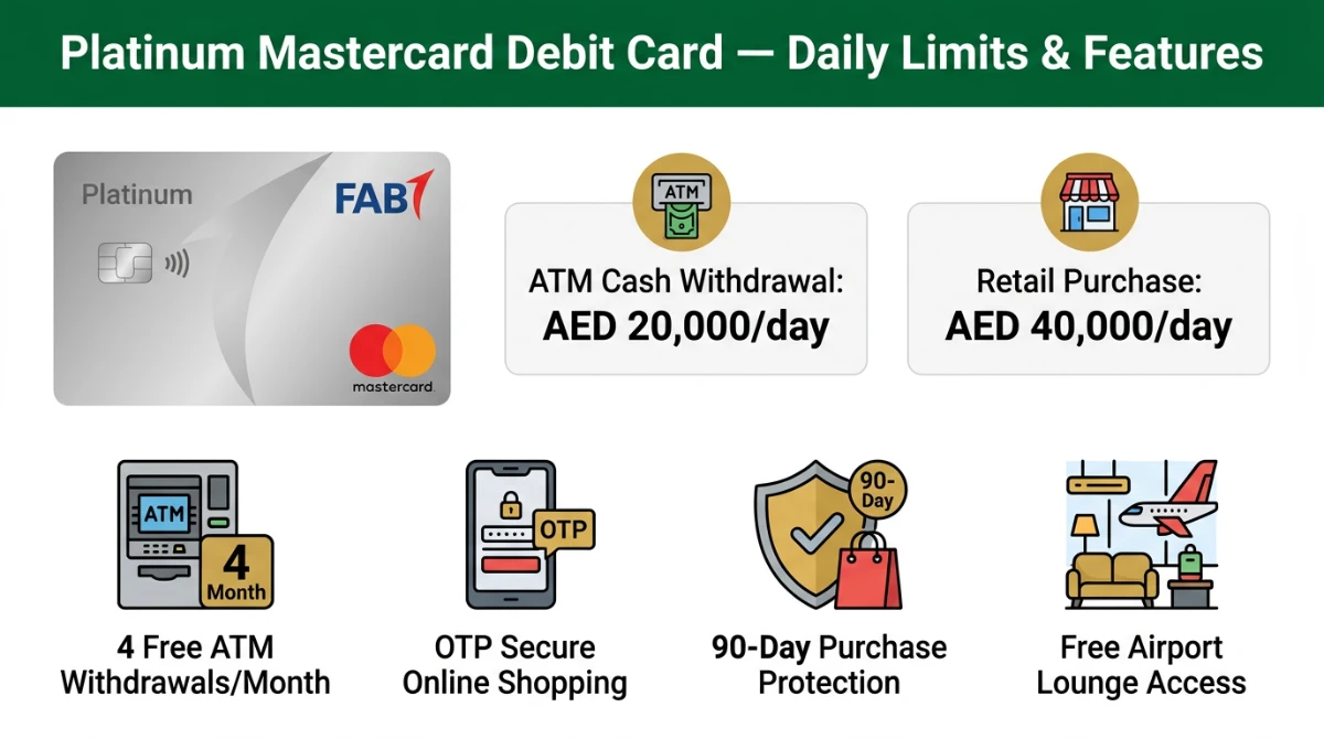 FAB Platinum Mastercard debit card daily limits &mdash; AED 20,000 ATM withdrawal and AED 40,000 retail purchase per day