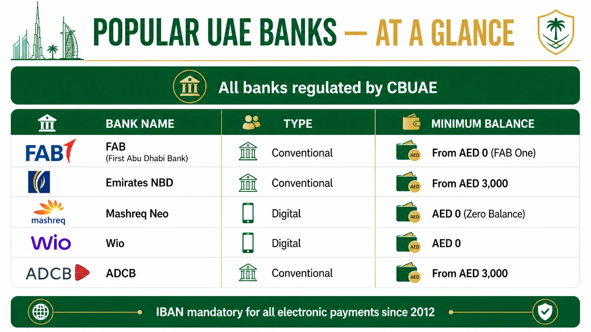 Popular UAE banks comparison &mdash; FAB, Emirates NBD, Mashreq Neo, Wio, ADCB minimum balance