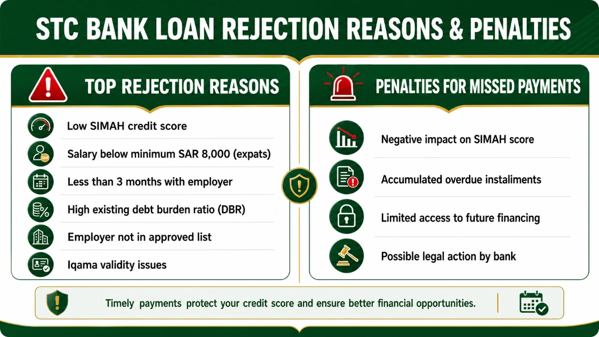 STC Bank loan rejection reasons and penalties for missed payments &mdash; SIMAH score, low salary, employer not approved, legal action