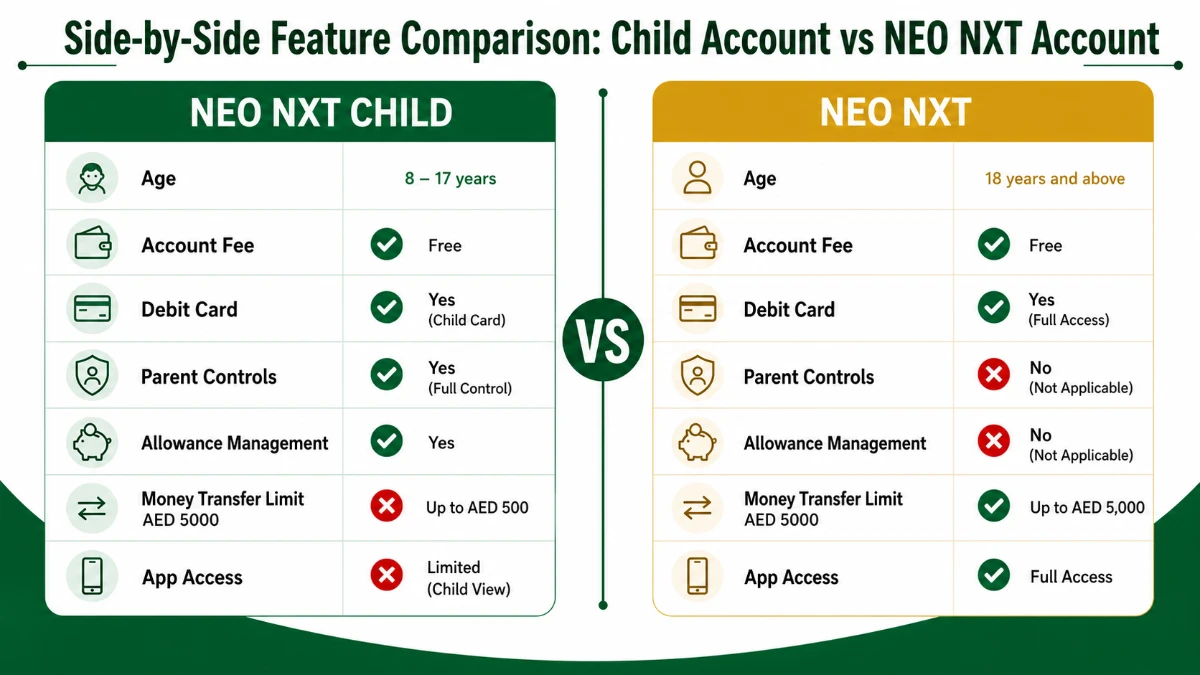 Side by side comparison of Mashreq NEO NXT Child Account and NEO NXT Account features