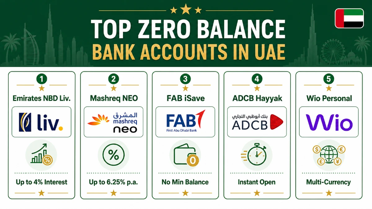 Top 5 zero balance bank accounts UAE &mdash; Liv, Mashreq NEO, FAB iSave, ADCB Hayyak and Wio Personal compared on interest, balance and features