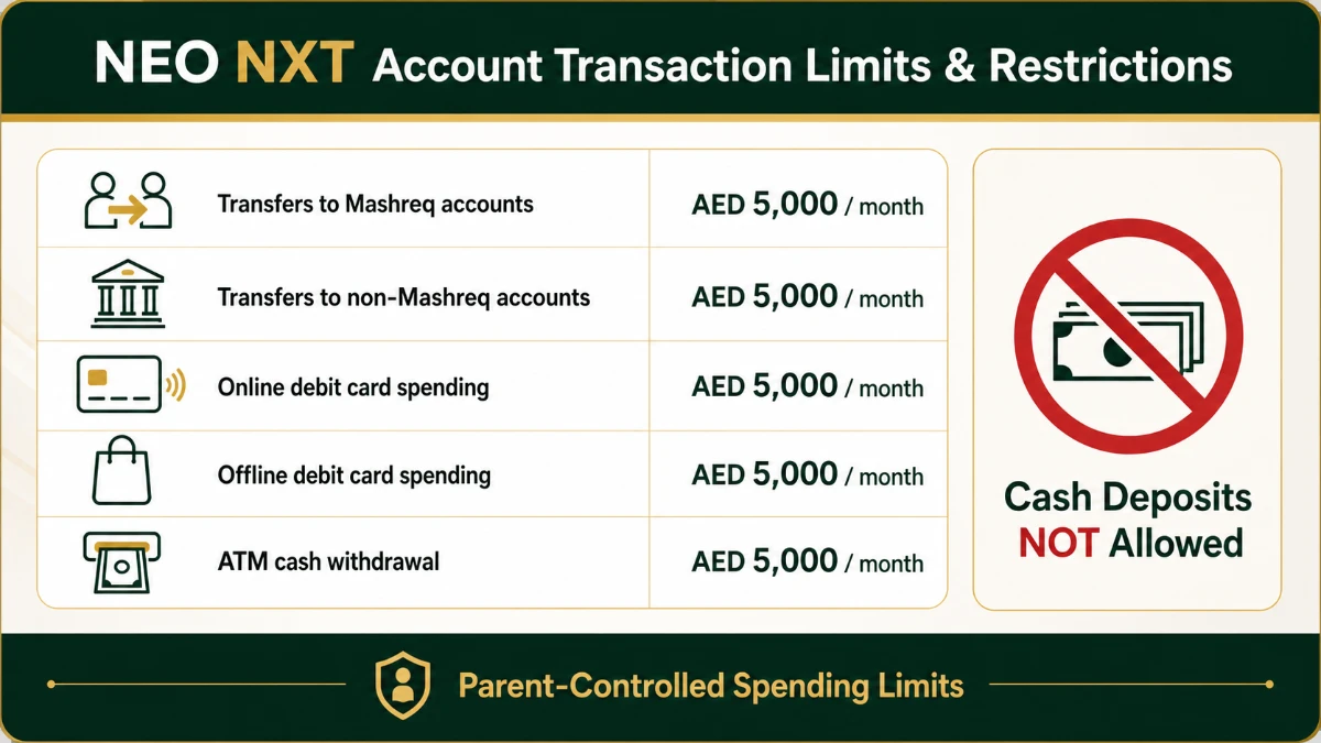 NEO NXT Child Account transaction limits UAE &mdash; AED 5000 monthly cap on transfers, online spending, offline spending and ATM withdrawals; cash deposits not allowed