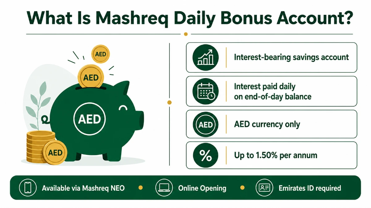 What is Mashreq Daily Bonus Account UAE &mdash; interest-bearing savings account with daily payout and AED 1.50% per annum