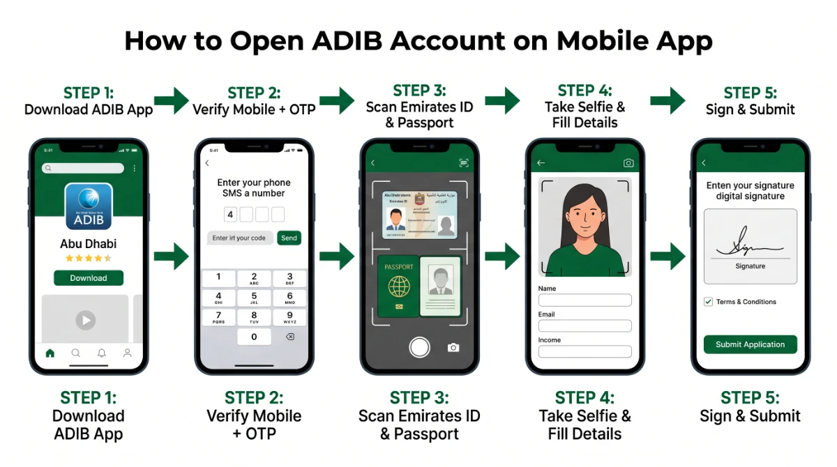 Step by step process to open ADIB account on mobile app &mdash; download, OTP, scan, selfie, sign