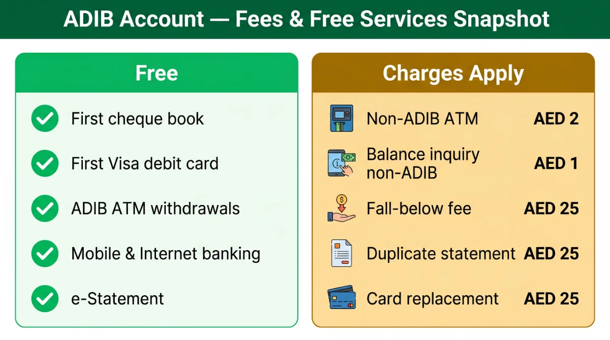 ADIB account fees and free services snapshot &mdash; what is free and where charges apply