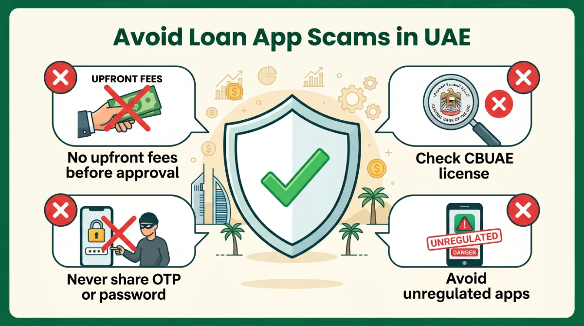 Safety tips to avoid loan app scams in UAE &mdash; never share OTP, no upfront fees, check CBUAE licence