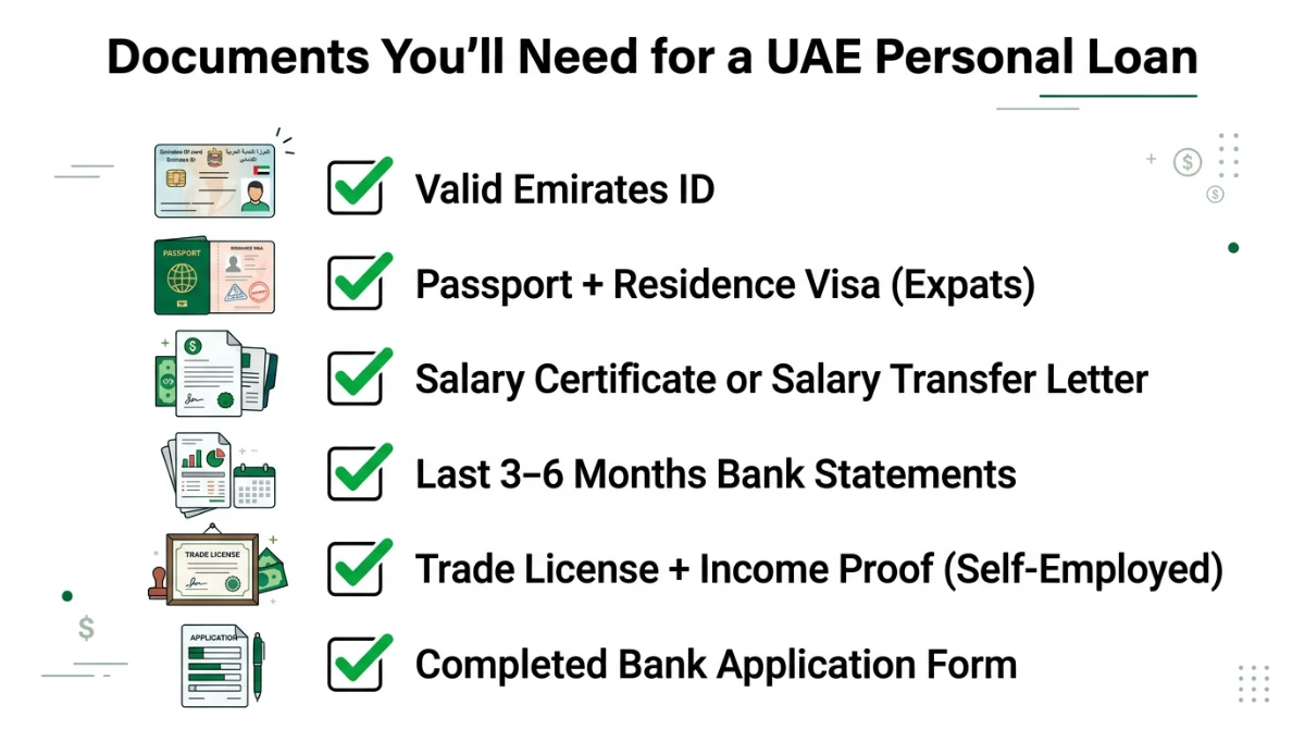 Documents checklist for a UAE personal loan &mdash; Emirates ID, passport, salary certificate, bank statements