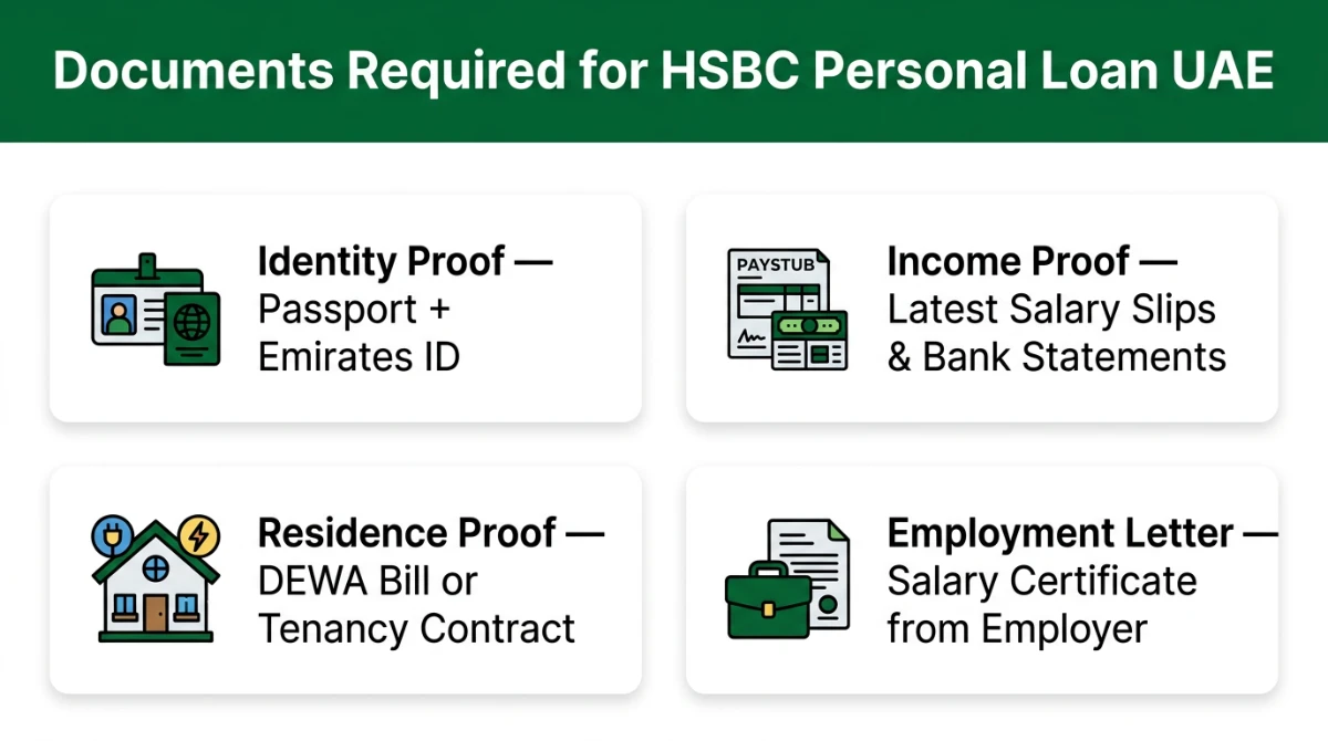 Documents required for HSBC Personal Loan in UAE &mdash; Emirates ID, passport, salary certificate, bank statements