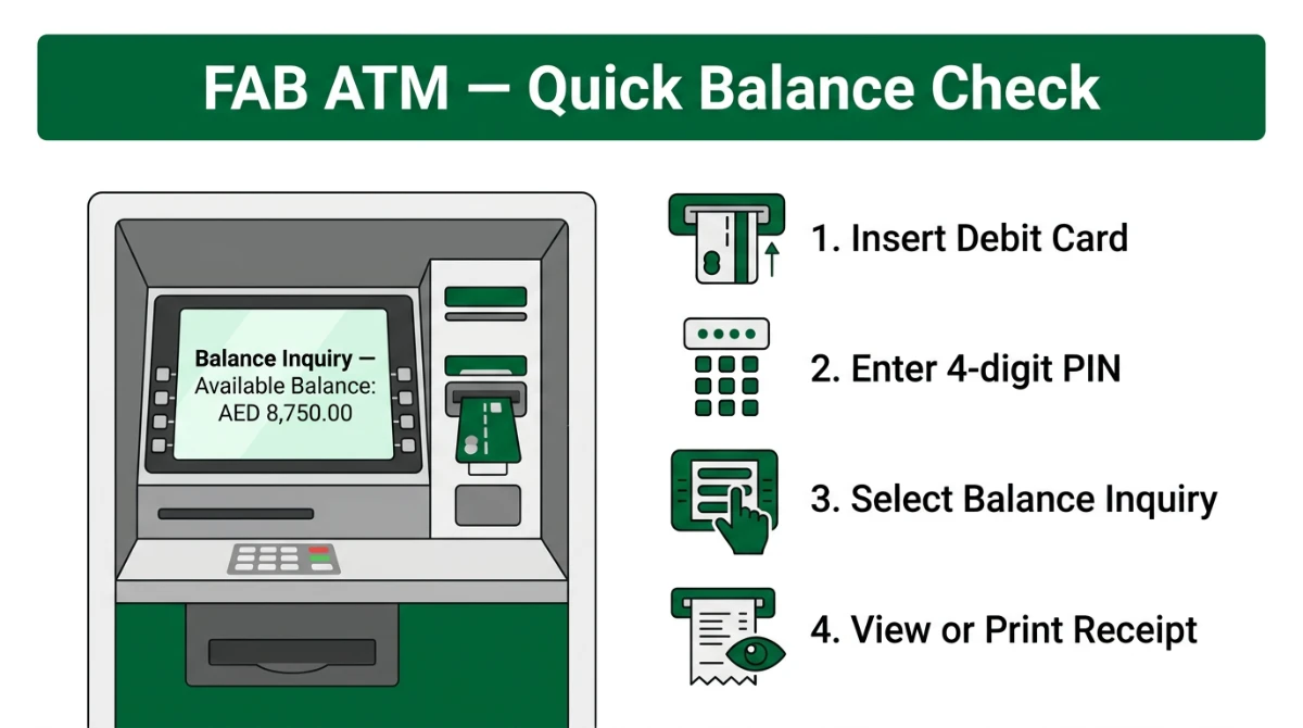 Step-by-step illustration of checking FAB account balance at a FAB ATM in UAE