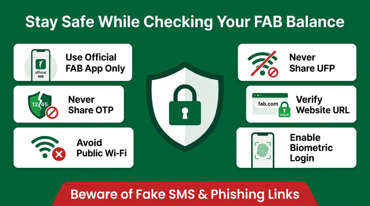 Safety tips infographic for FAB Bank balance check &mdash; avoid OTP sharing, phishing and fake links
