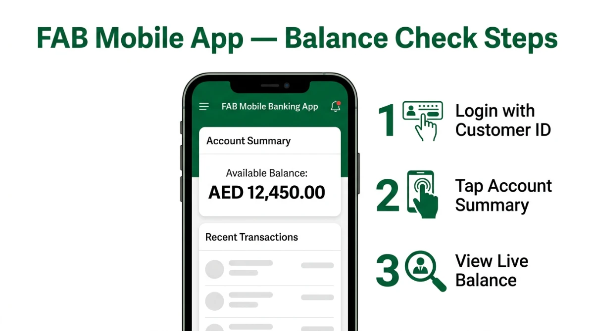 Step-by-step illustration of checking FAB Bank balance on the FAB Mobile App