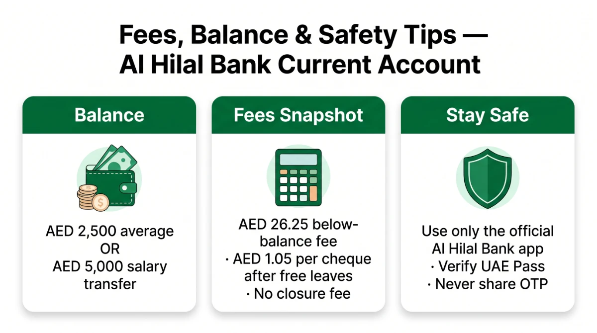 Fees, balance rules and safety tips for Al Hilal Bank current account