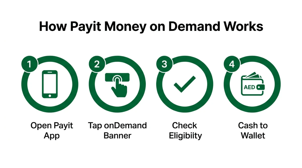 Four-step infographic explaining how to apply for a Payit Money on Demand loan in the UAE