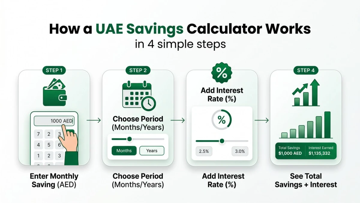 Hero infographic showing 4 steps of how a UAE savings calculator works