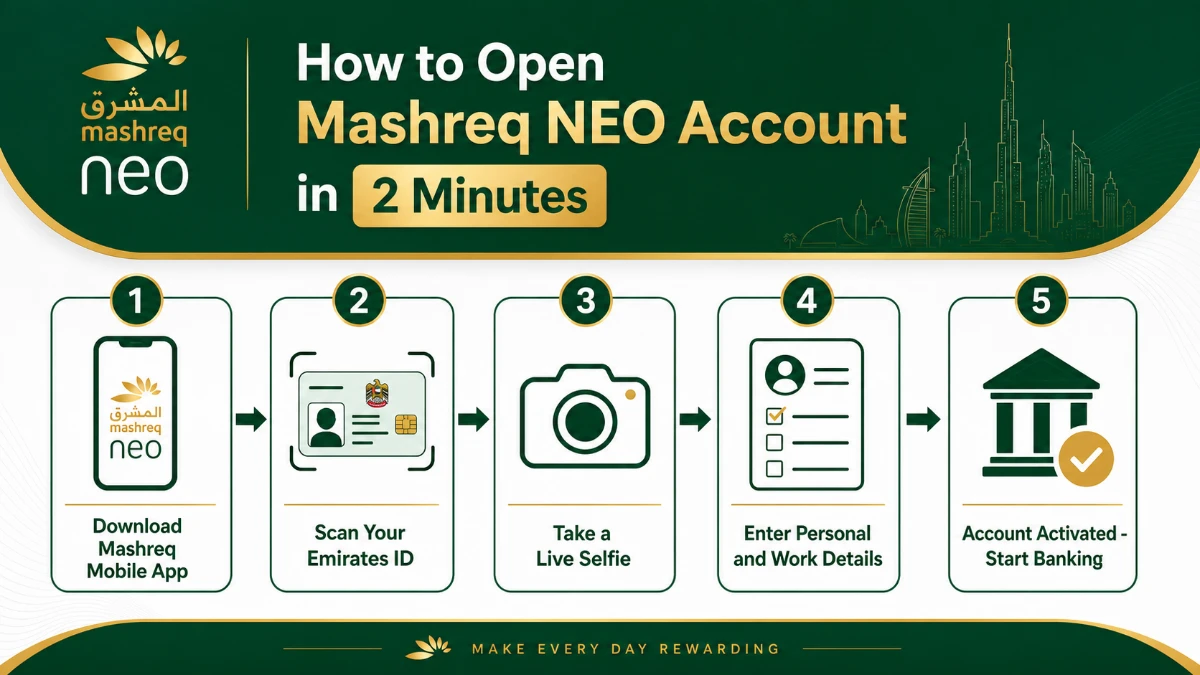 Step by step process to open Mashreq NEO account infographic from Emirates ID scan to account activation