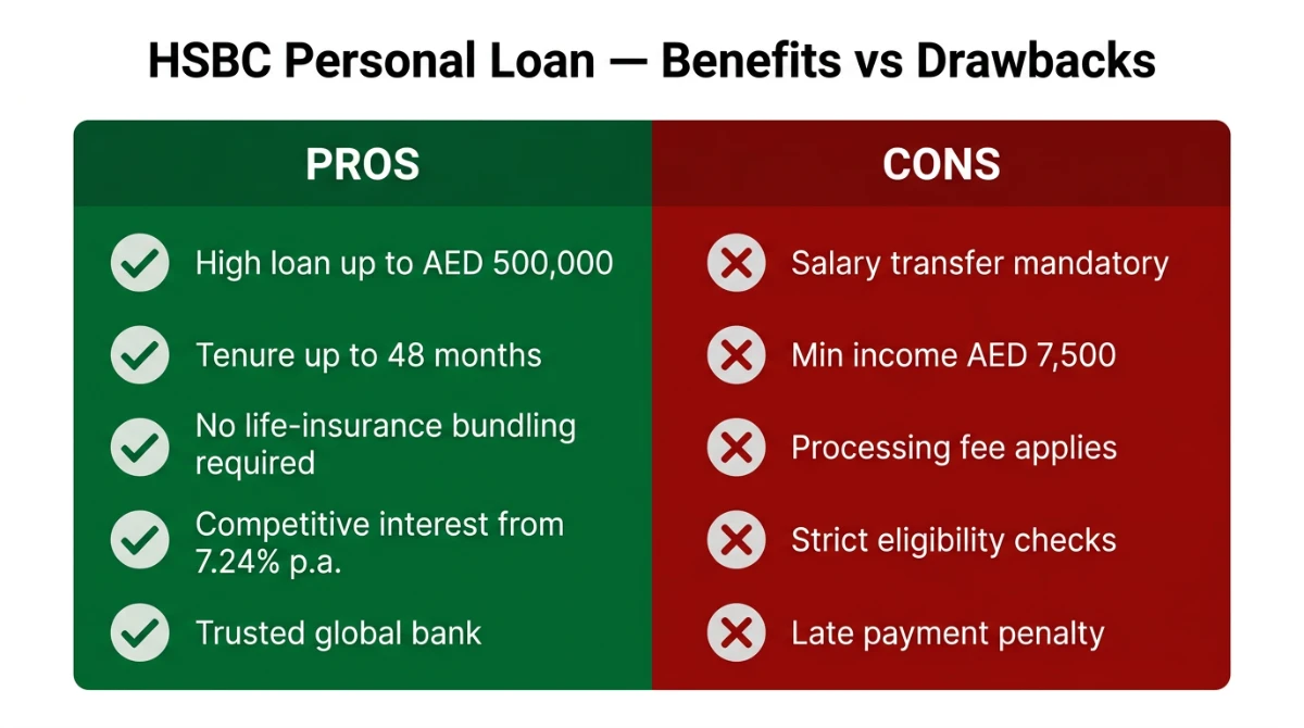 HSBC Personal Loan benefits and drawbacks comparison infographic