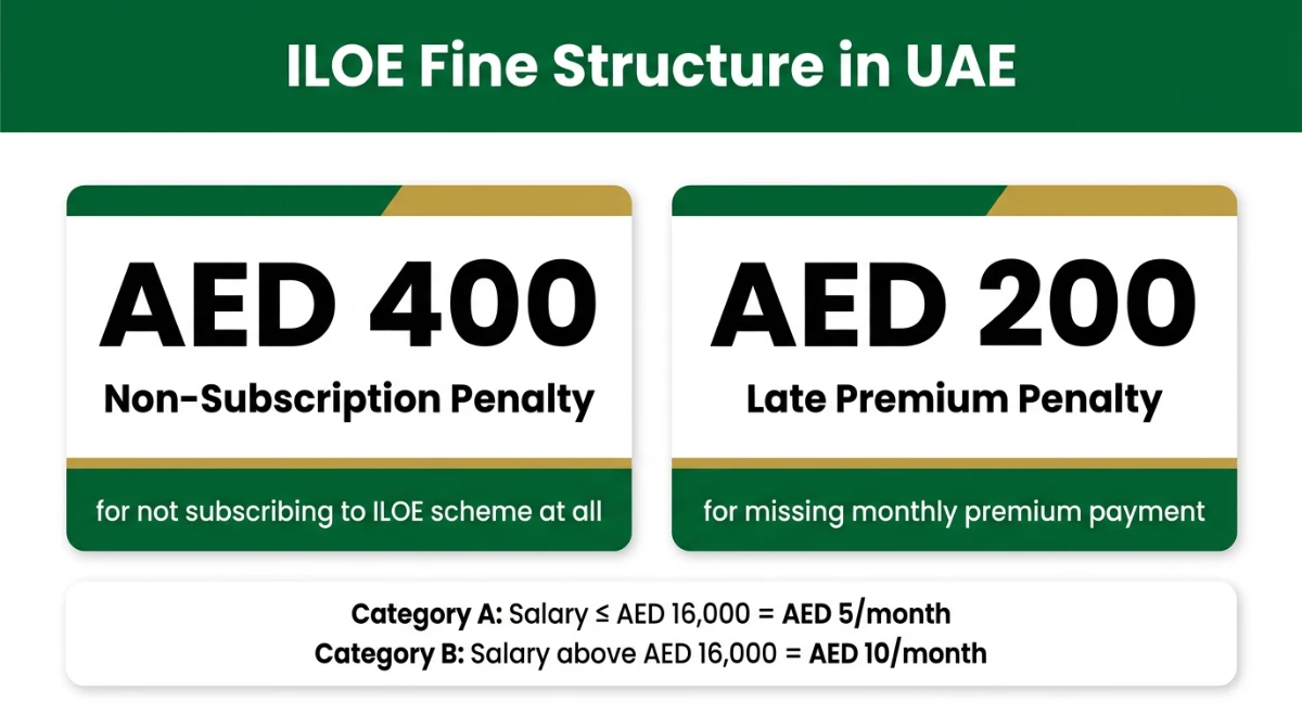 ILOE fine structure UAE &mdash; AED 400 non-subscription and AED 200 late premium penalties
