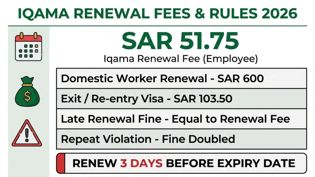 Iqama renewal fees and rules 2026 Saudi Arabia infographic